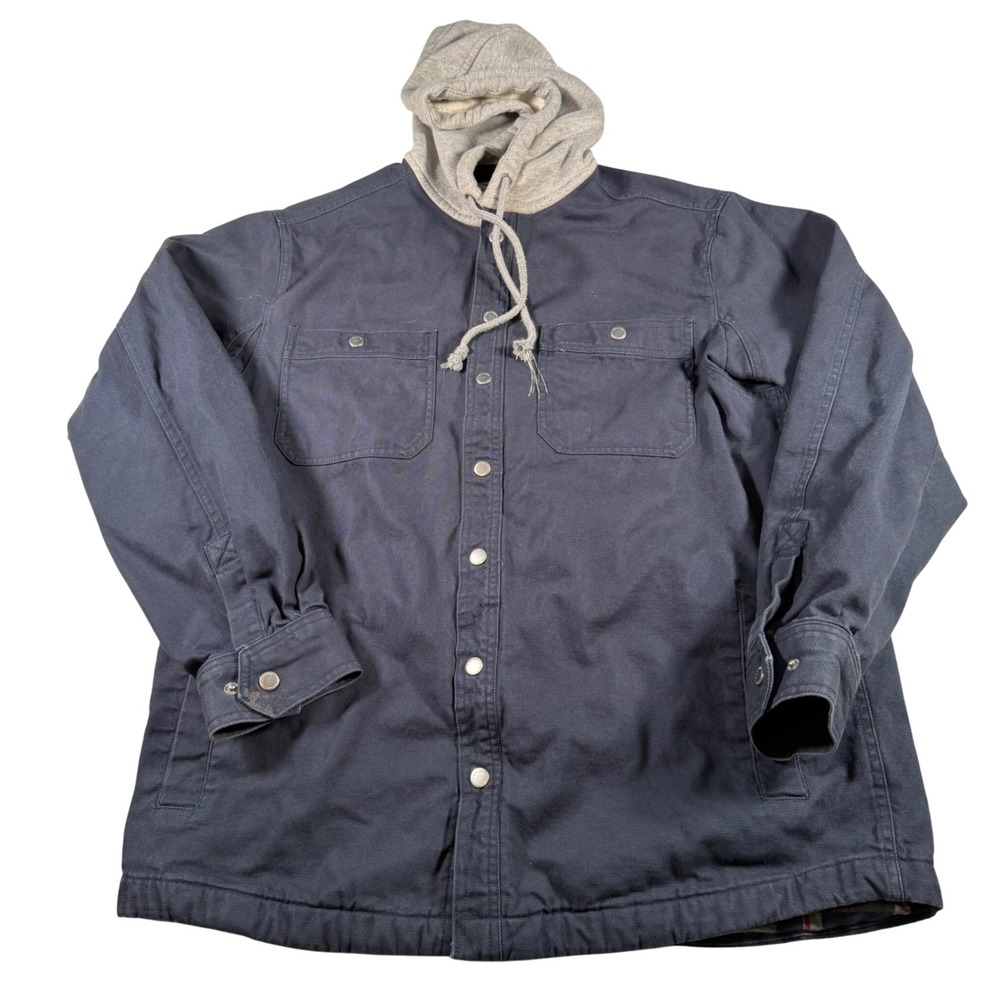 Duluth Trading Co Hooded Jacket Mens Large Navy Blue Plaid Lined Canvas READ